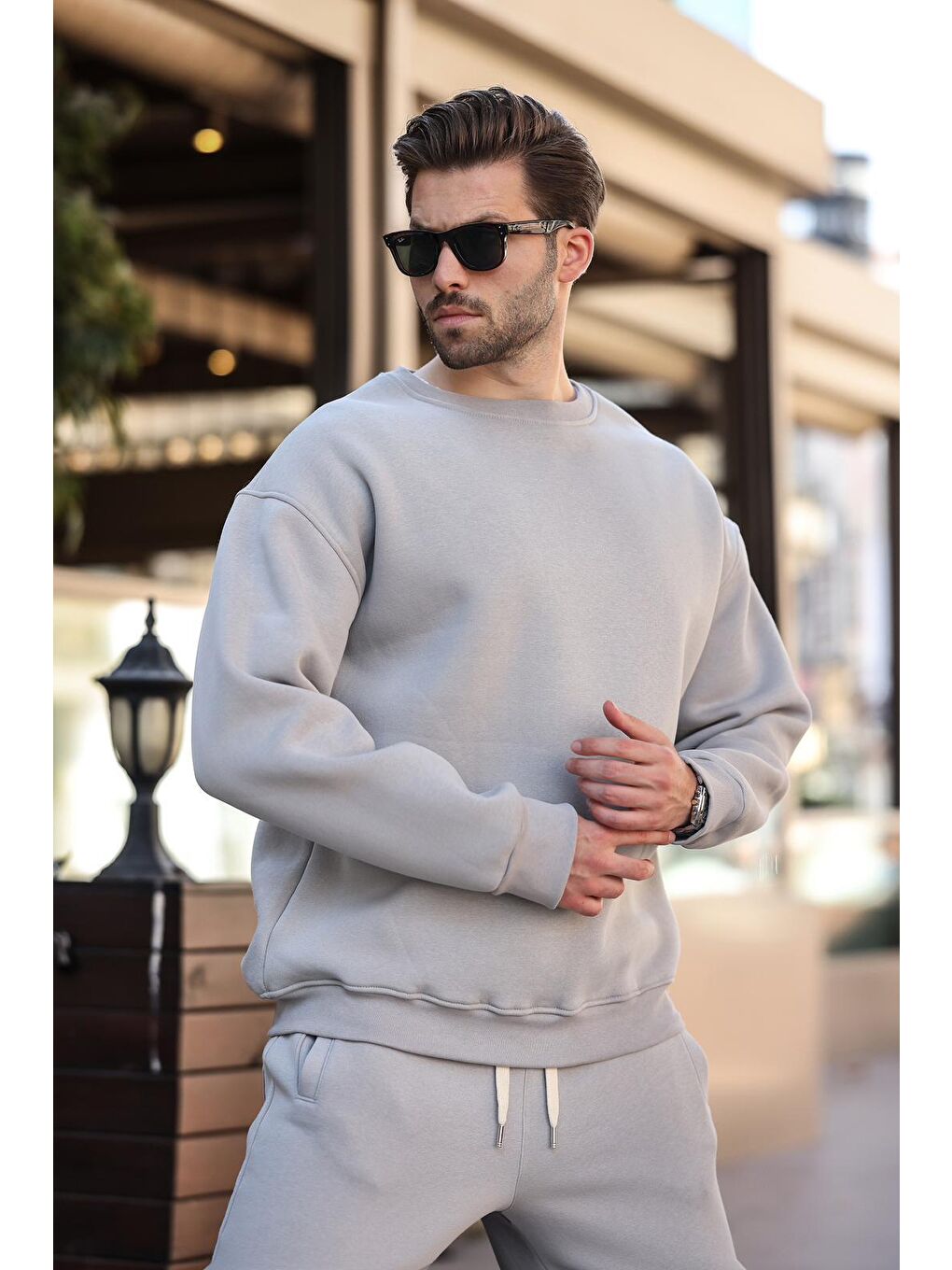 Boyalı Gri Bisiklet Yaka Basic Eşofman Takımı E7329-2