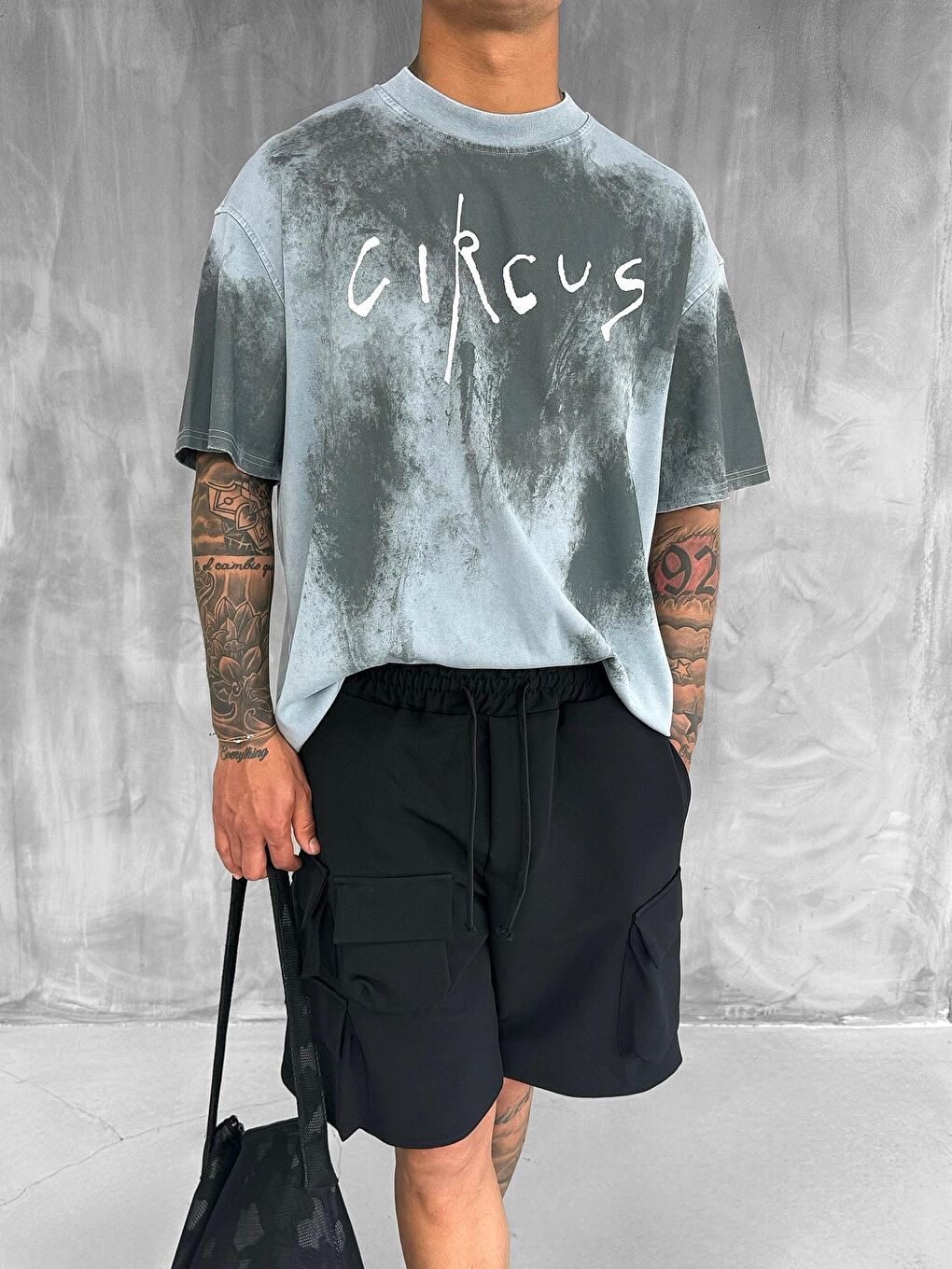 Erkek Cirsus Baskılı Yıkamalı Oversize %100 Pamuk Tişört Gri