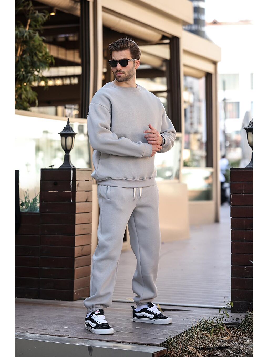 Boyalı Gri Bisiklet Yaka Basic Eşofman Takımı E7329-3