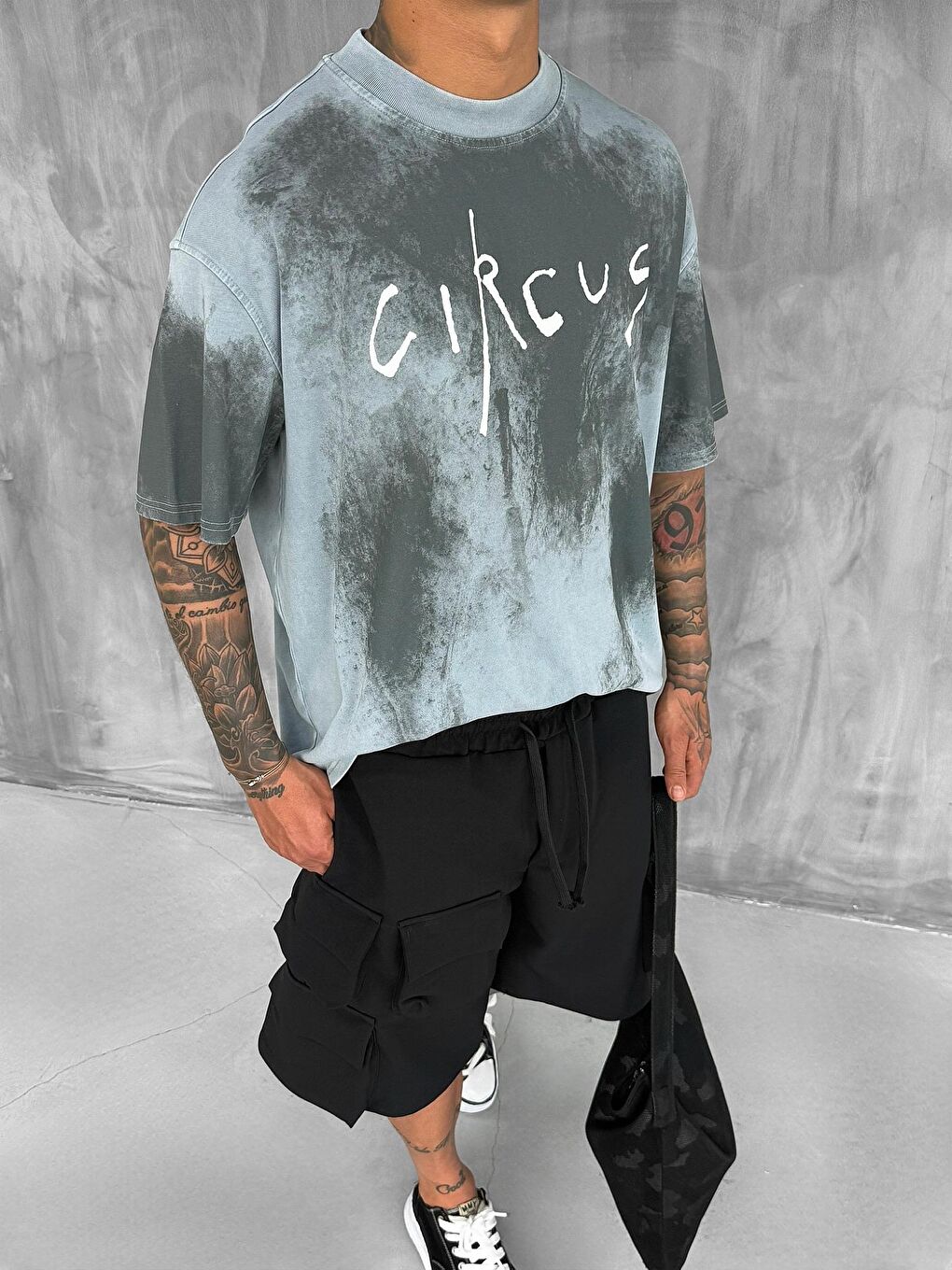 Erkek Cirsus Baskılı Yıkamalı Oversize %100 Pamuk Tişört Gri-1