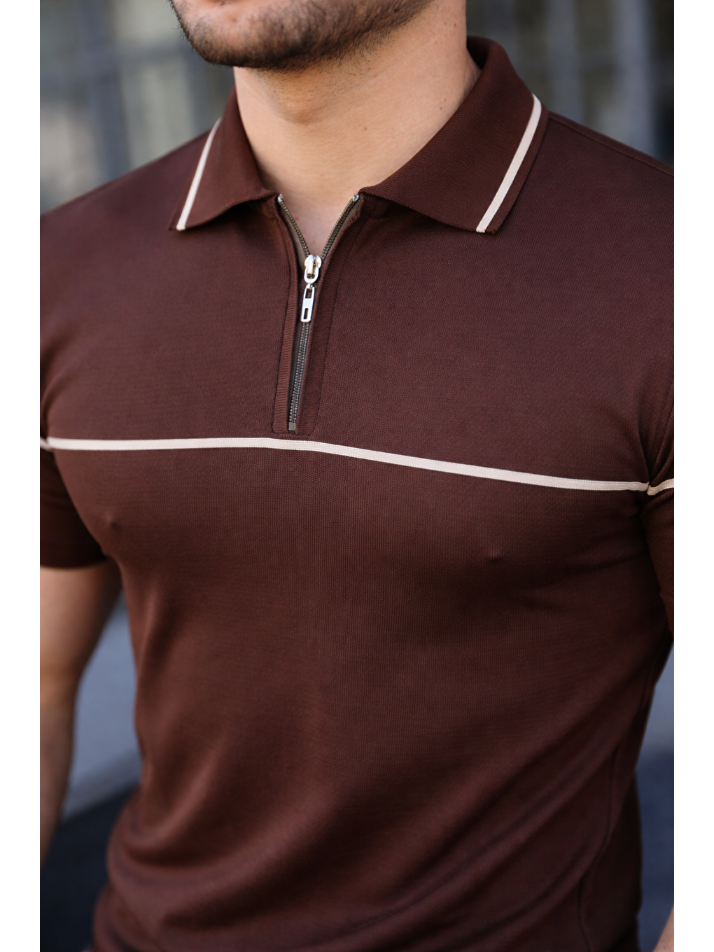 Kahverengi Erkek Günlük Çizgili Fermuarlı Triko Kahve Polo Yaka Tişört-3