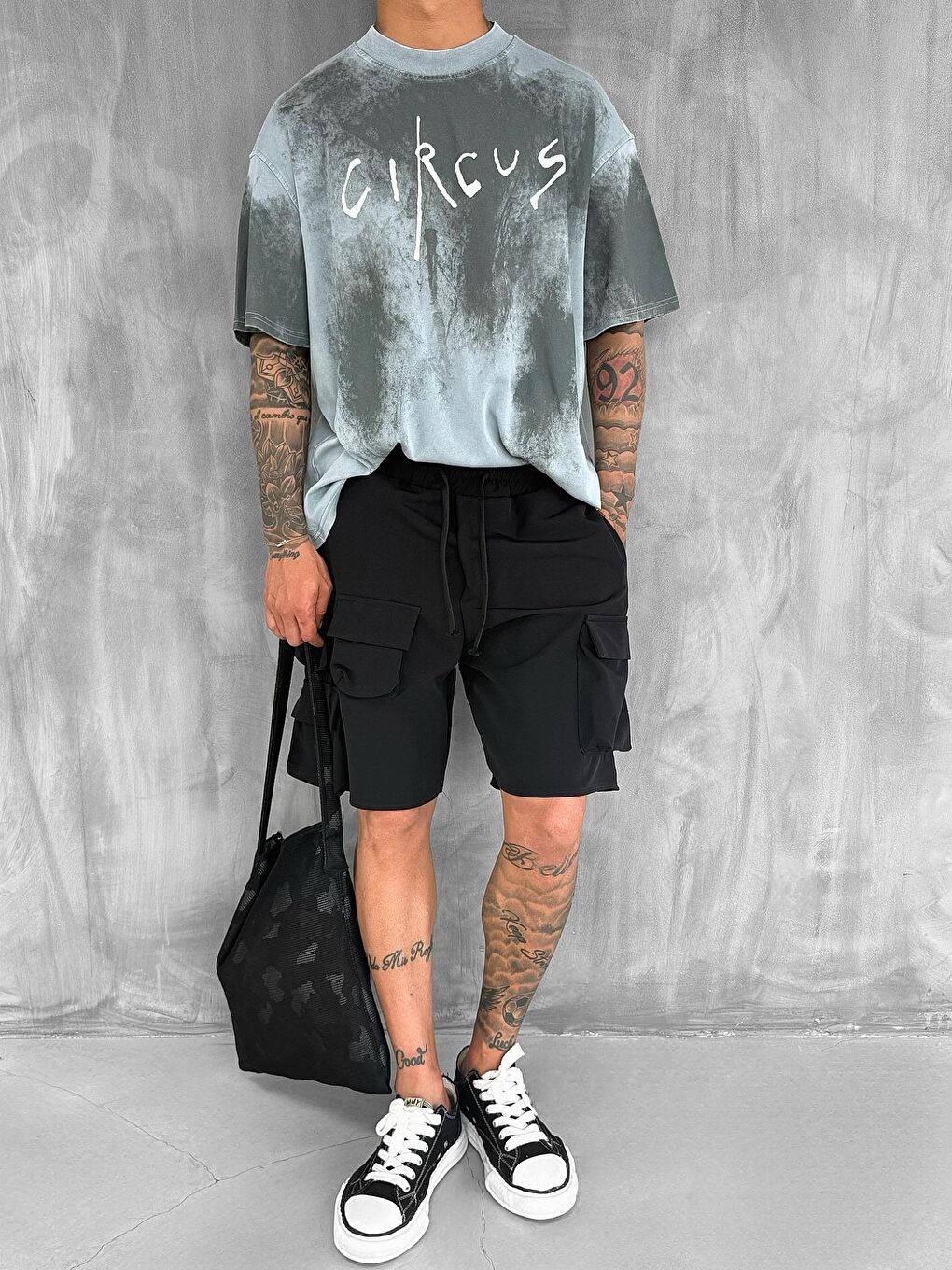 Erkek Cirsus Baskılı Yıkamalı Oversize %100 Pamuk Tişört Gri-2