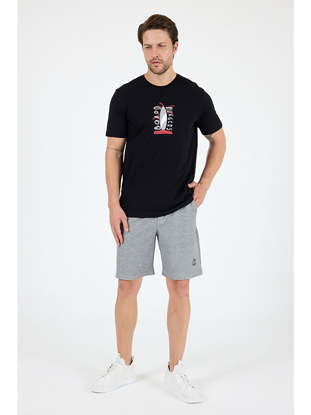 Siyah Erkek %100 Pamuk Bisiklet Yaka Kısa Kollu Baskılı Tişört Rahat ve Günlük Erkek Tişört 0007-2
