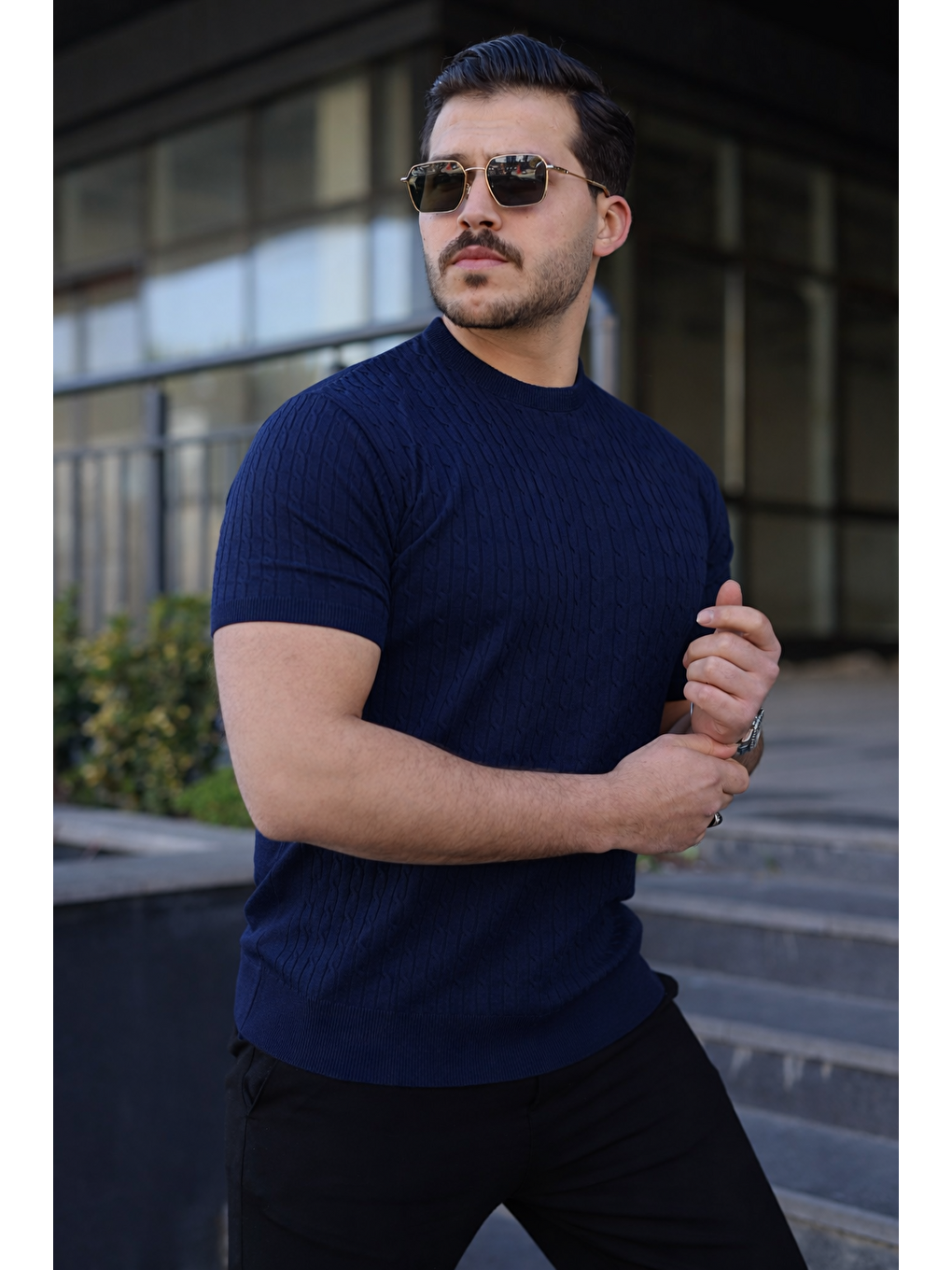 Erkek Premium Çizgili Yazlık Lacivert Dar Triko Tişört-3