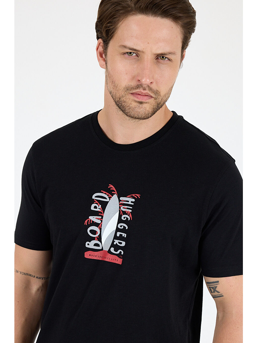 Siyah Erkek %100 Pamuk Bisiklet Yaka Kısa Kollu Baskılı Tişört Rahat ve Günlük Erkek Tişört 0007-3