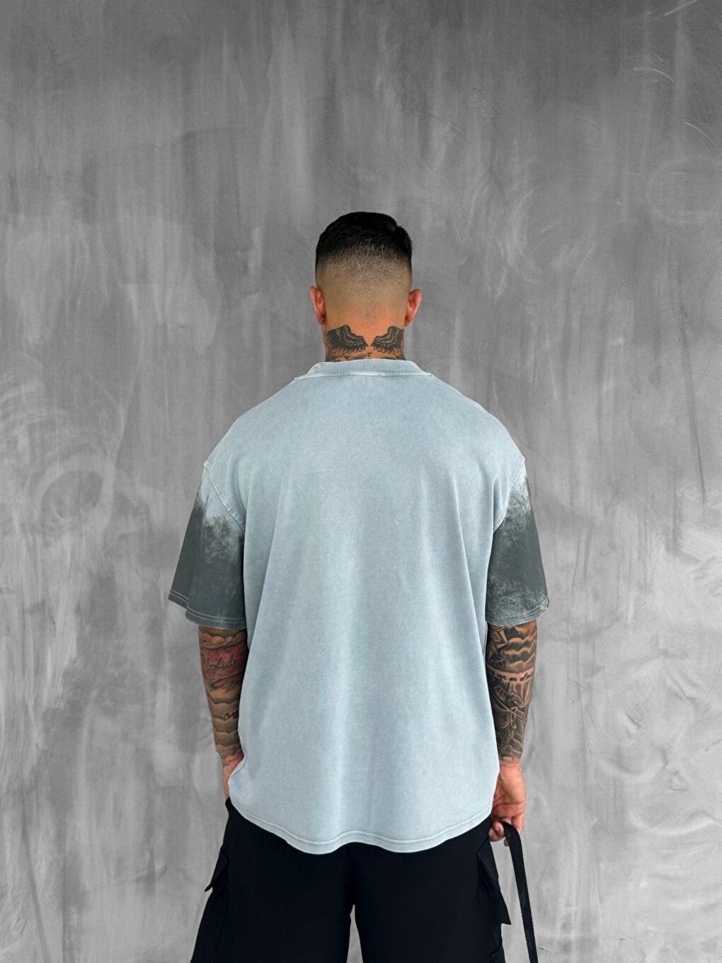 Erkek Cirsus Baskılı Yıkamalı Oversize %100 Pamuk Tişört Gri-4