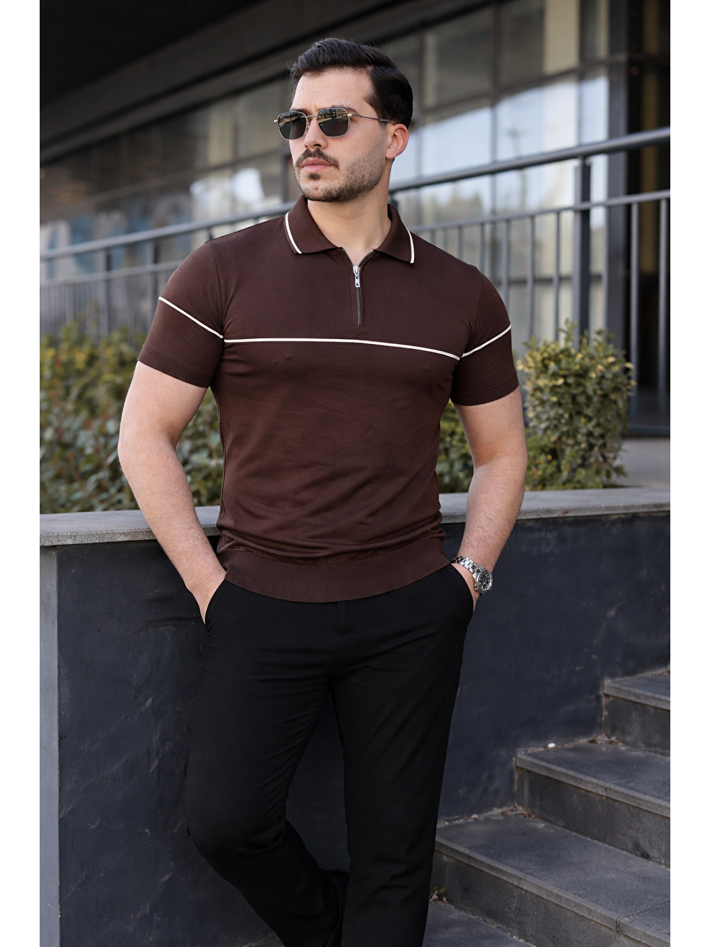 Kahverengi Erkek Günlük Çizgili Fermuarlı Triko Kahve Polo Yaka Tişört-4