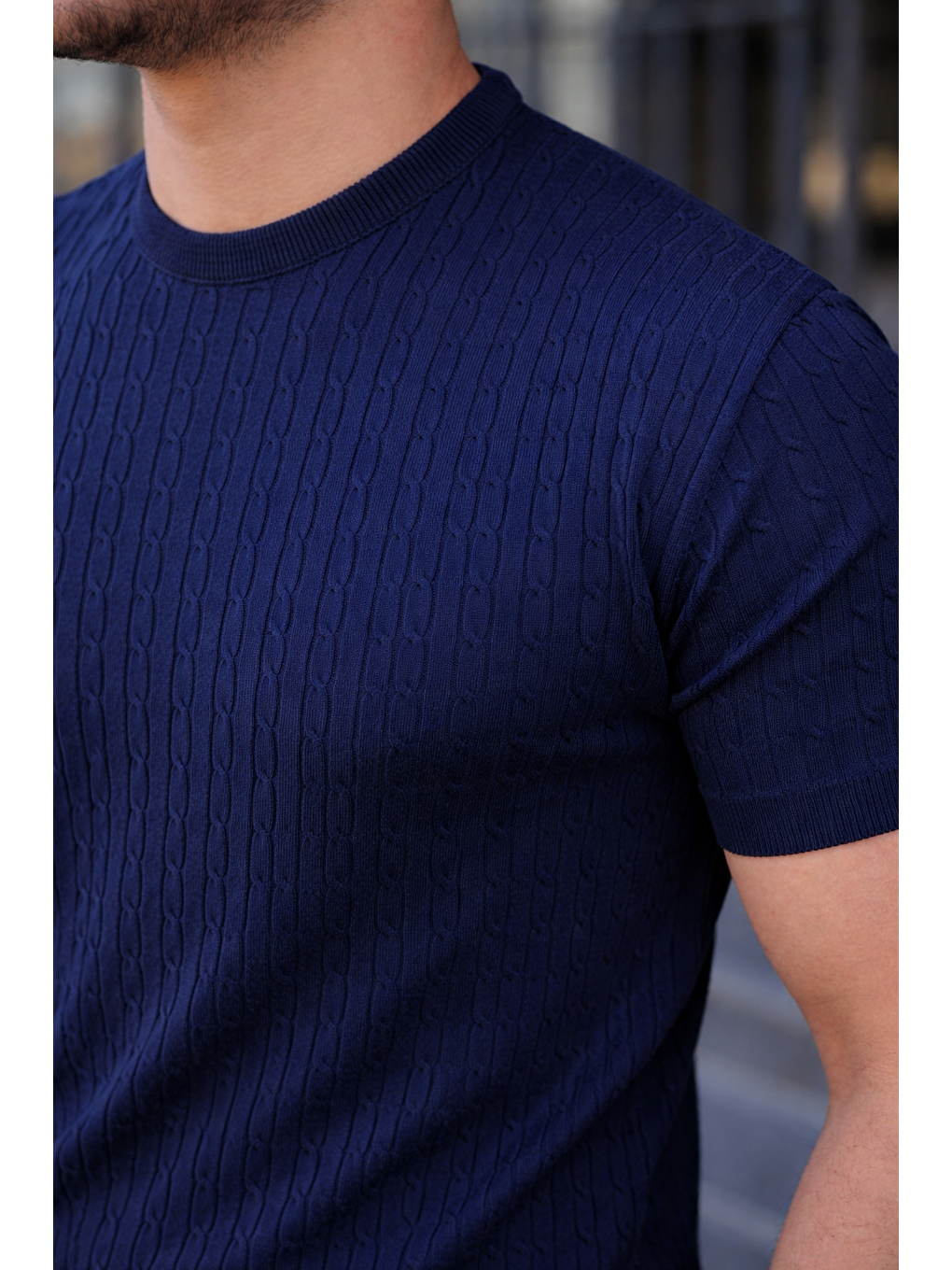 Erkek Premium Çizgili Yazlık Lacivert Dar Triko Tişört-4