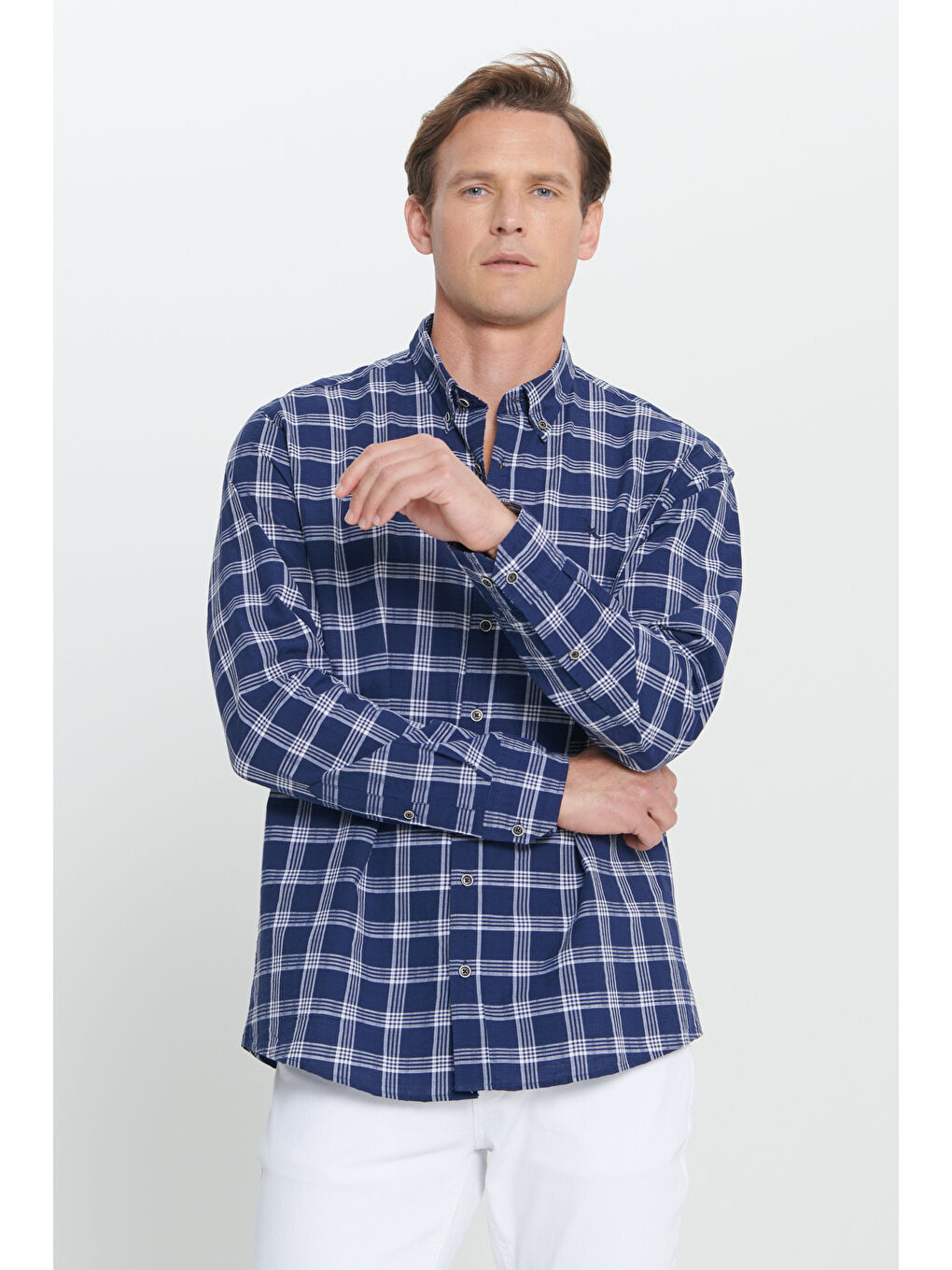 Erkek Lacivert-Beyaz Comfort Fit Rahat Kesim %100 Pamuk Düğmeli Yaka Kareli Gömlek-2
