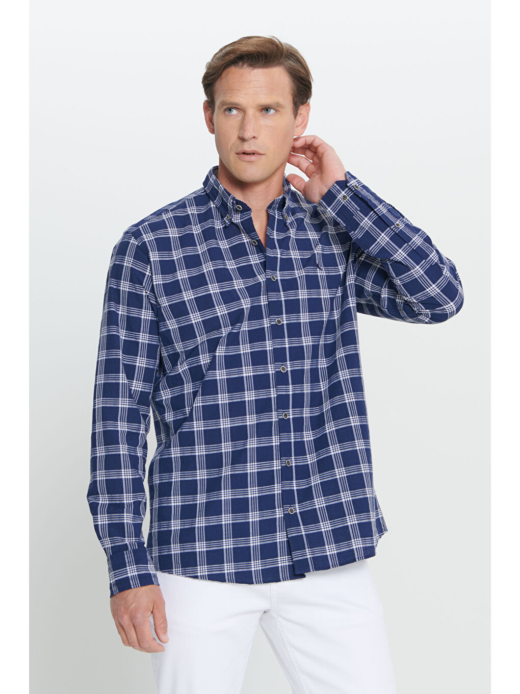 Erkek Lacivert-Beyaz Comfort Fit Rahat Kesim %100 Pamuk Düğmeli Yaka Kareli Gömlek-3