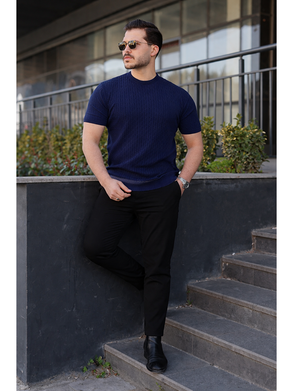 Erkek Premium Çizgili Yazlık Lacivert Dar Triko Tişört-5