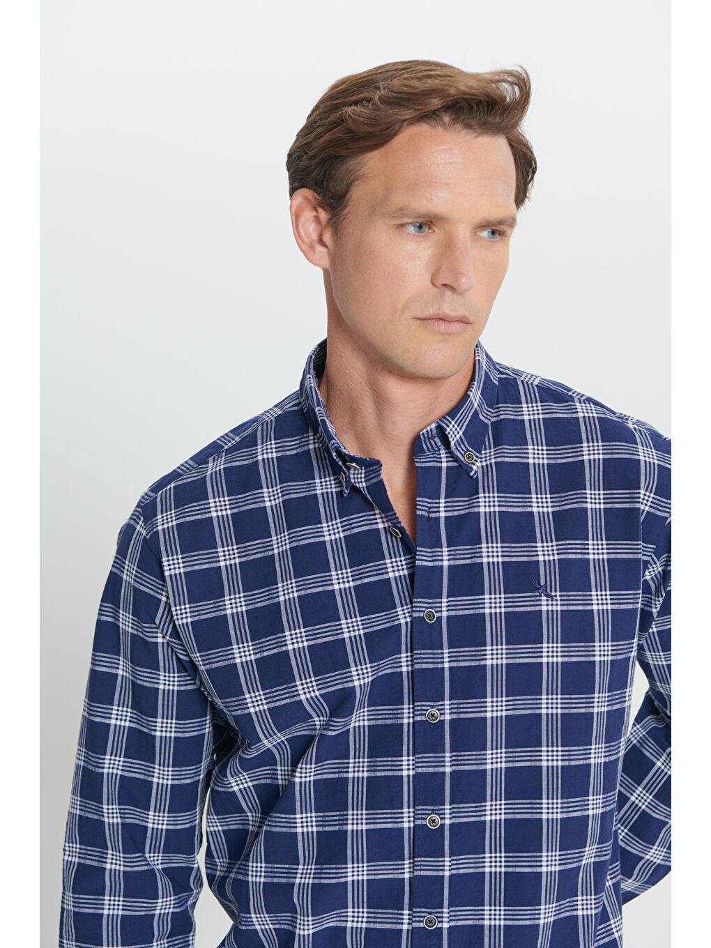 Erkek Lacivert-Beyaz Comfort Fit Rahat Kesim %100 Pamuk Düğmeli Yaka Kareli Gömlek-4