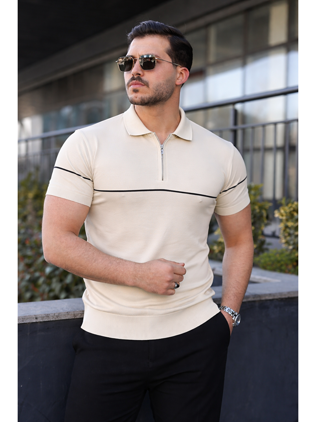 Ekru Erkek Günlük Çizgili Fermuarlı Triko Krem Polo Yaka Tişört-2