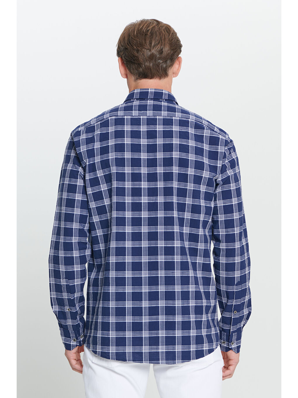 Erkek Lacivert-Beyaz Comfort Fit Rahat Kesim %100 Pamuk Düğmeli Yaka Kareli Gömlek-5