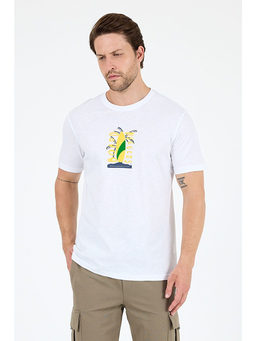 Beyaz Erkek %100 Pamuk Bisiklet Yaka Kısa Kollu Baskılı Tişört Rahat ve Günlük Erkek Tişört 0007-1