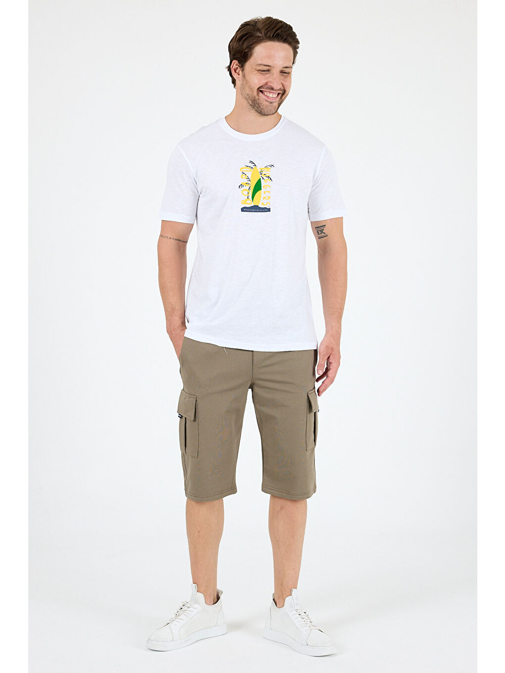 Beyaz Erkek %100 Pamuk Bisiklet Yaka Kısa Kollu Baskılı Tişört Rahat ve Günlük Erkek Tişört 0007-2