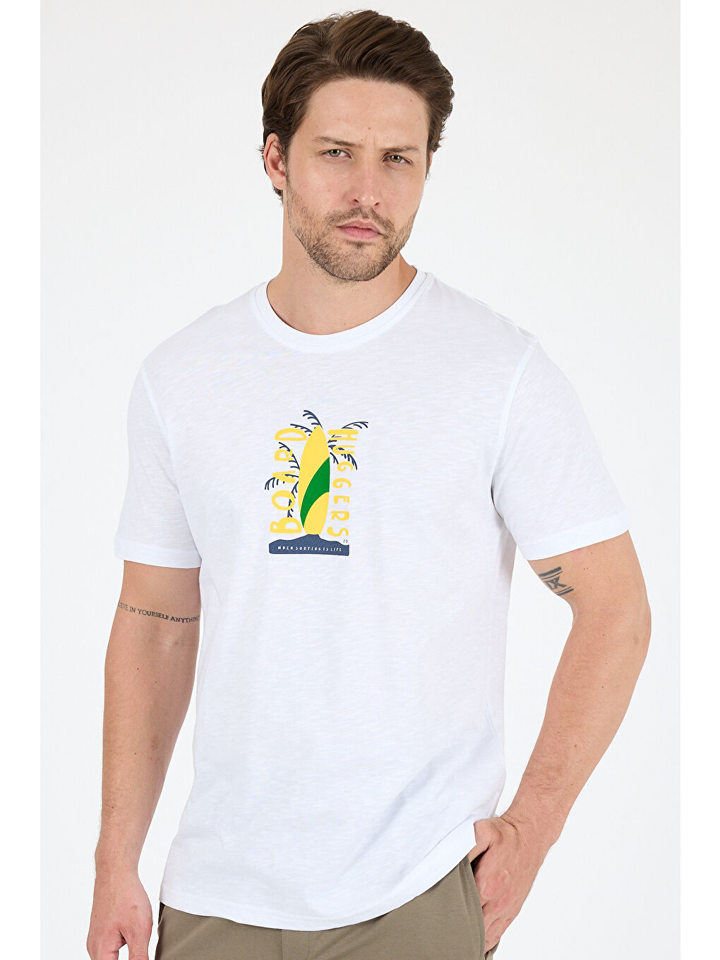 Beyaz Erkek %100 Pamuk Bisiklet Yaka Kısa Kollu Baskılı Tişört Rahat ve Günlük Erkek Tişört 0007-3