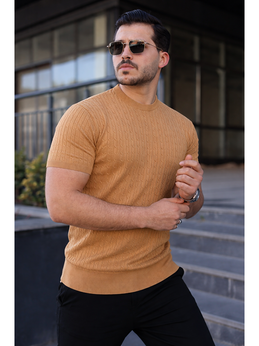 Kahverengi Erkek Premium Çizgili Yazlık Camel Dar Triko Tişört