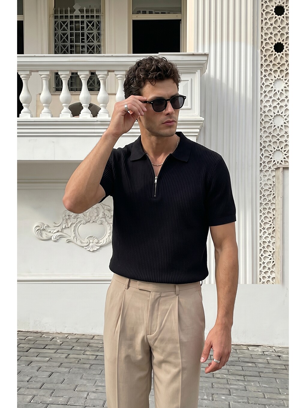 Siyah Orin Premium Fitilli Triko Polo Yaka Yarım Fermuarlı Erkek Tişört-2