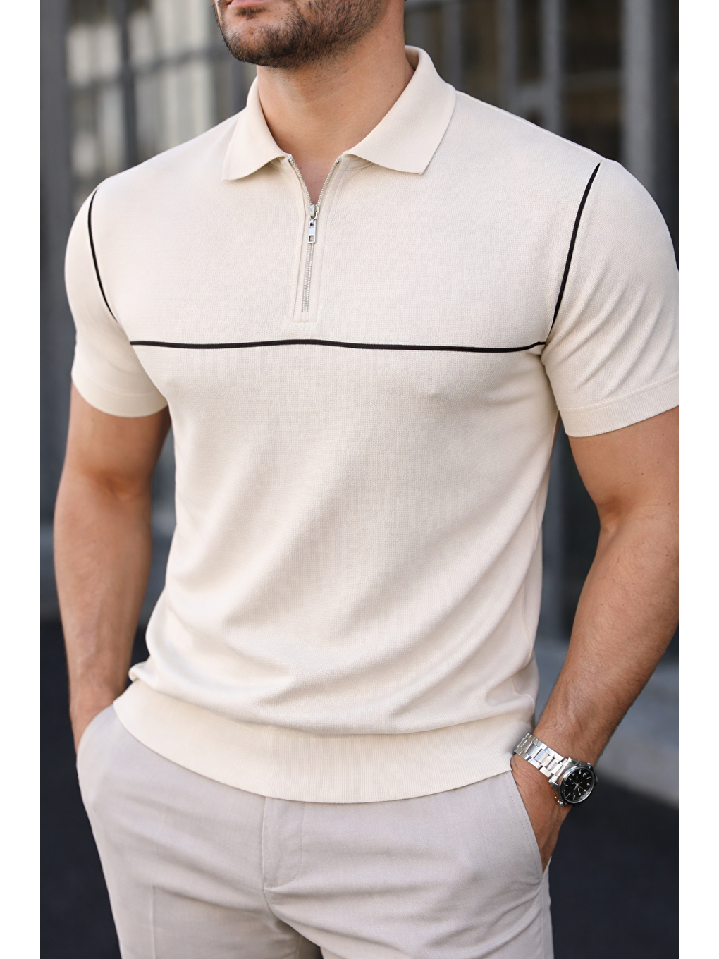 Ekru Erkek Günlük Çizgili Fermuarlı Triko Krem Polo Yaka Tişört-3