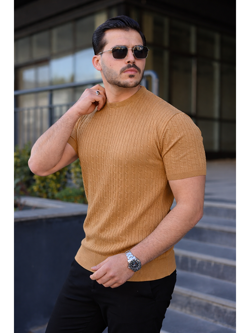 Kahverengi Erkek Premium Çizgili Yazlık Camel Dar Triko Tişört-1