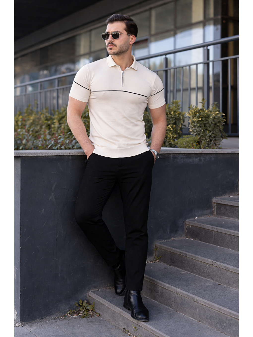 Ekru Erkek Günlük Çizgili Fermuarlı Triko Krem Polo Yaka Tişört-4