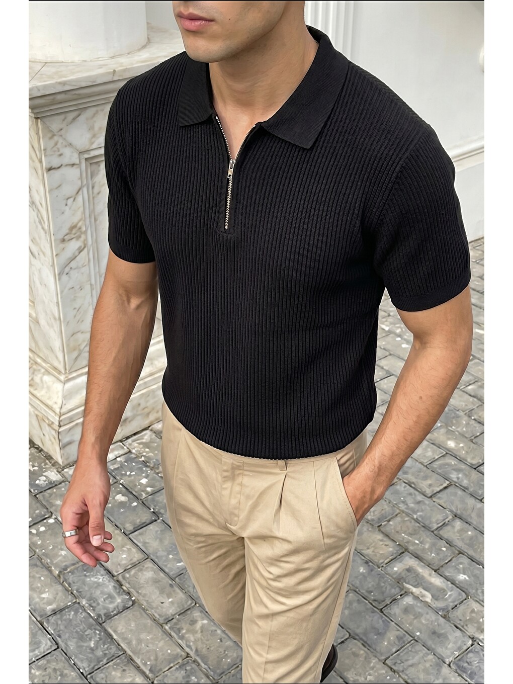 Siyah Orin Premium Fitilli Triko Polo Yaka Yarım Fermuarlı Erkek Tişört-3