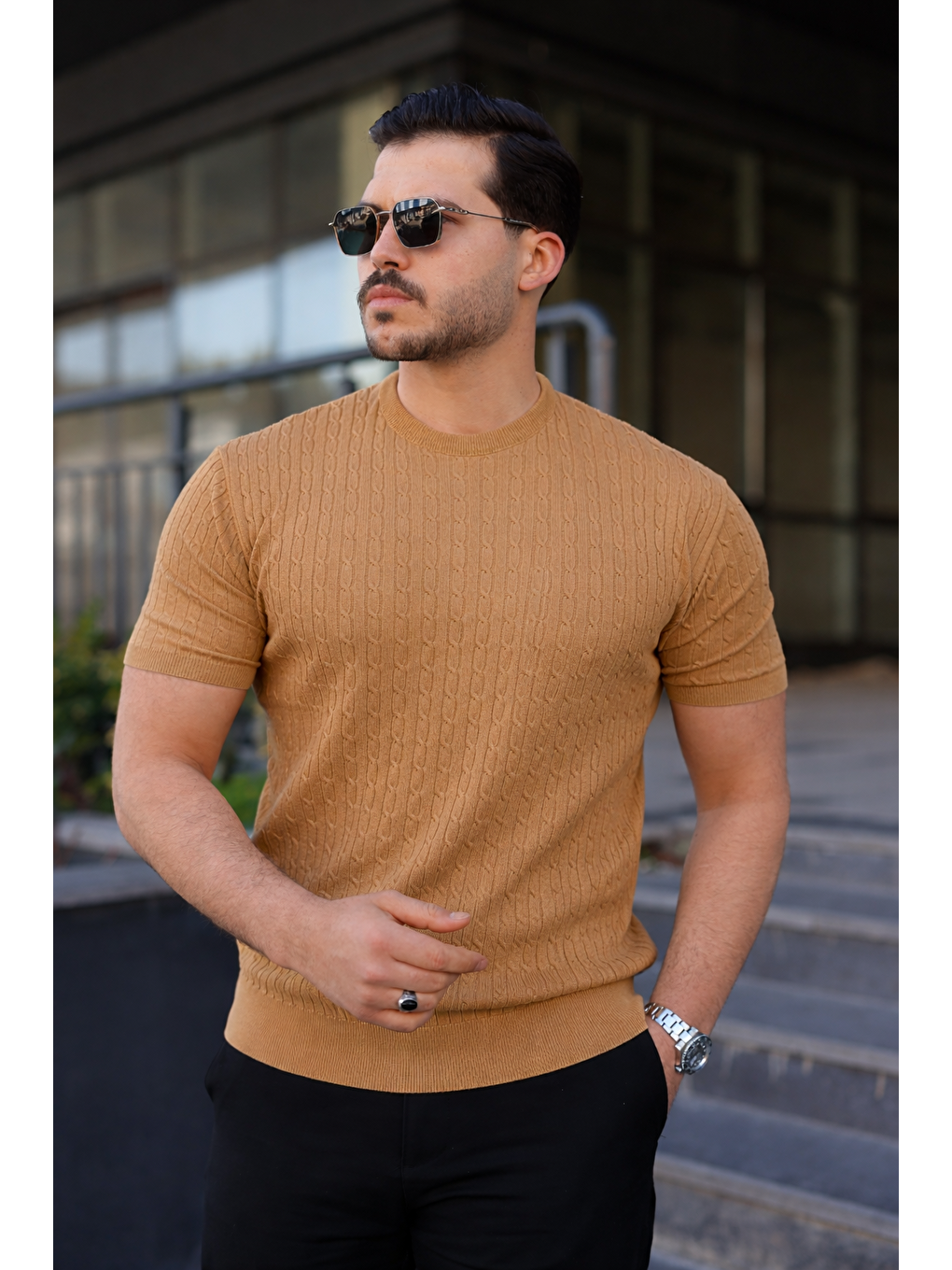 Kahverengi Erkek Premium Çizgili Yazlık Camel Dar Triko Tişört-2