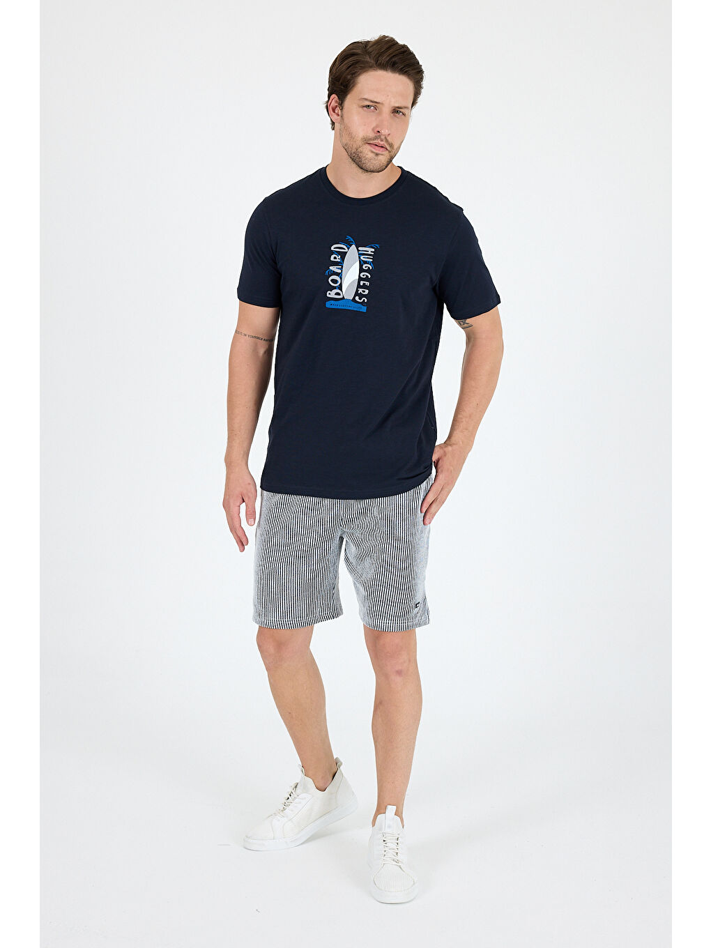 Lacivert Erkek %100 Pamuk Bisiklet Yaka Kısa Kollu Baskılı Tişört Rahat ve Günlük Erkek Tişört 0007-2