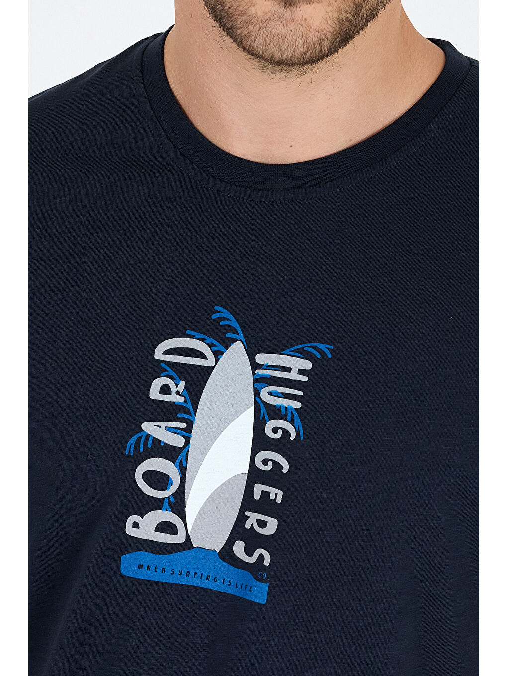 Lacivert Erkek %100 Pamuk Bisiklet Yaka Kısa Kollu Baskılı Tişört Rahat ve Günlük Erkek Tişört 0007-3