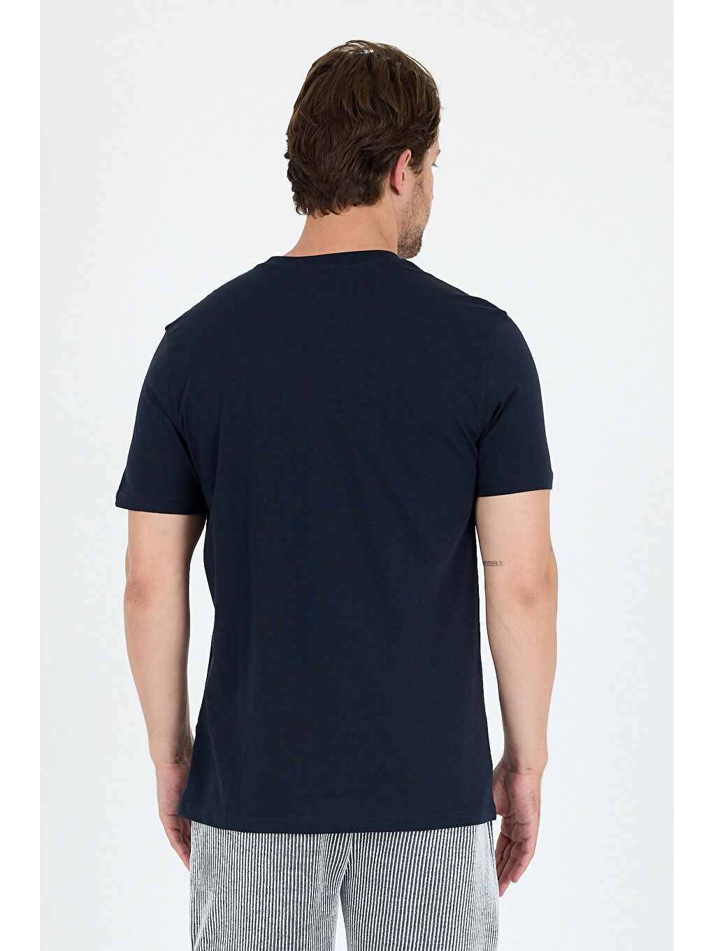 Lacivert Erkek %100 Pamuk Bisiklet Yaka Kısa Kollu Baskılı Tişört Rahat ve Günlük Erkek Tişört 0007-4