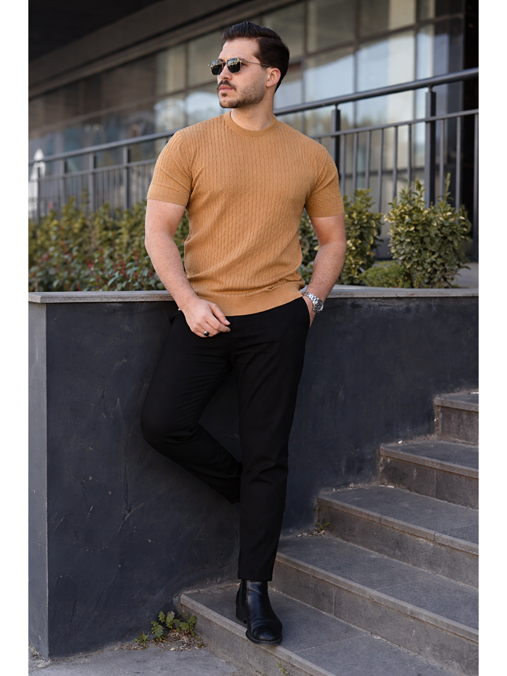 Kahverengi Erkek Premium Çizgili Yazlık Camel Dar Triko Tişört-3