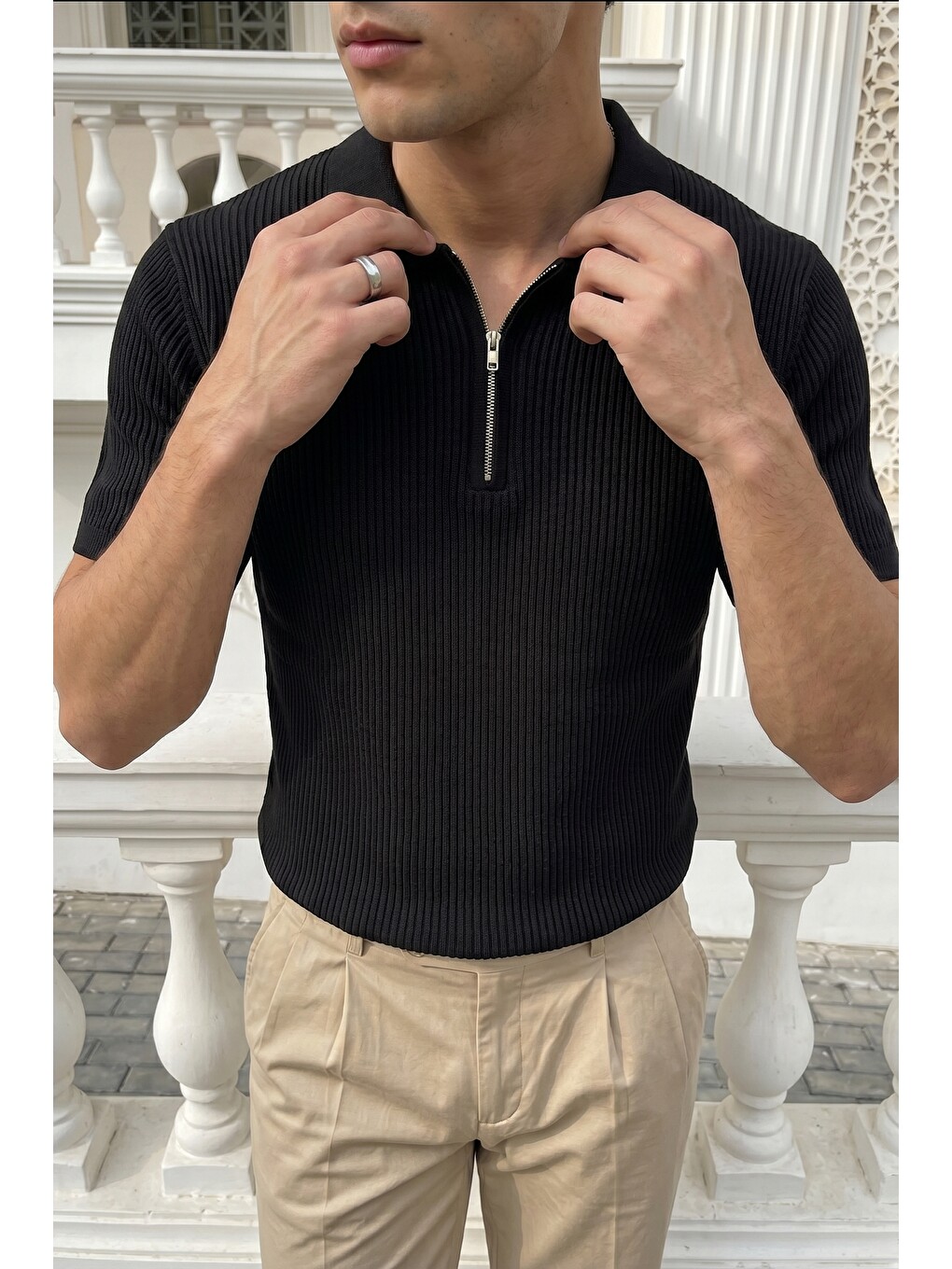 Siyah Orin Premium Fitilli Triko Polo Yaka Yarım Fermuarlı Erkek Tişört-4