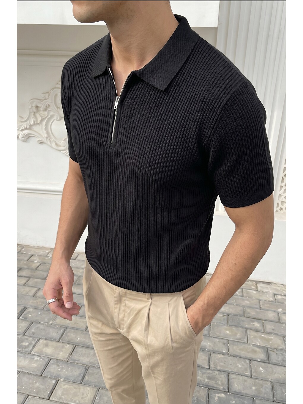 Siyah Orin Premium Fitilli Triko Polo Yaka Yarım Fermuarlı Erkek Tişört-5