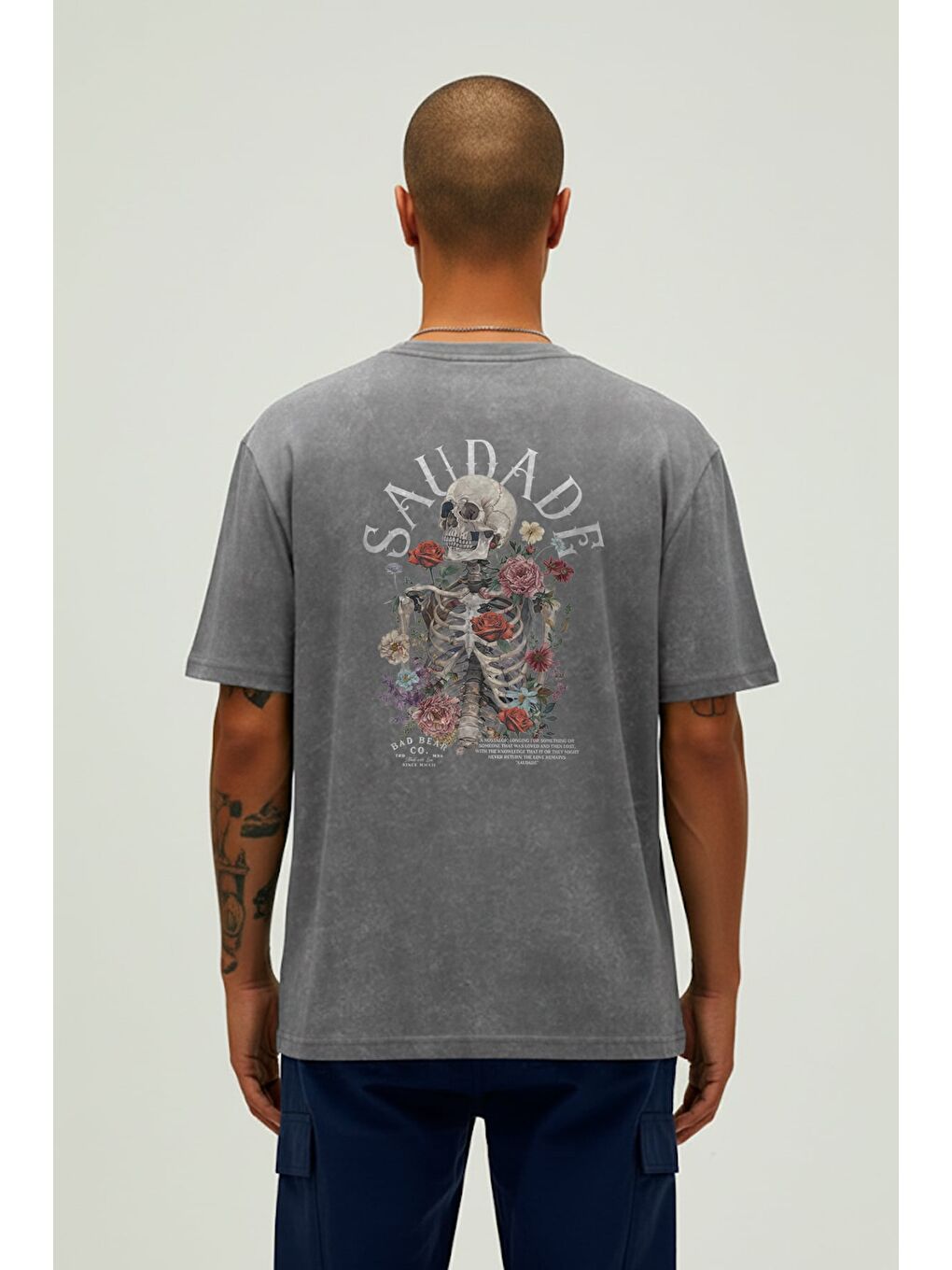 Gri Saudade Asfalt Erkek Baskılı Tişört-1
