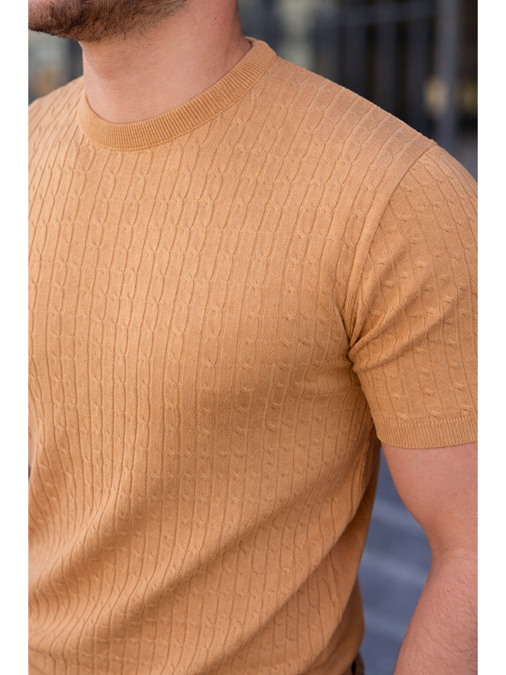 Kahverengi Erkek Premium Çizgili Yazlık Camel Dar Triko Tişört-4