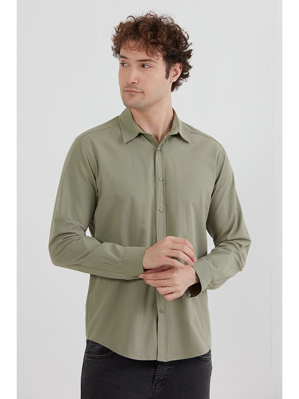 Haki Basic Çıtçıtlı Gabardin %100 Pamuk Gömlek