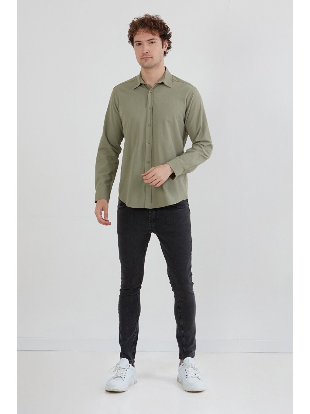 Haki Basic Çıtçıtlı Gabardin %100 Pamuk Gömlek-1