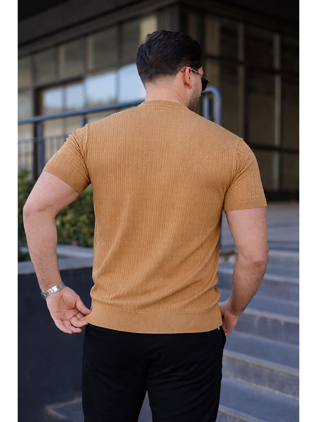 Kahverengi Erkek Premium Çizgili Yazlık Camel Dar Triko Tişört-5