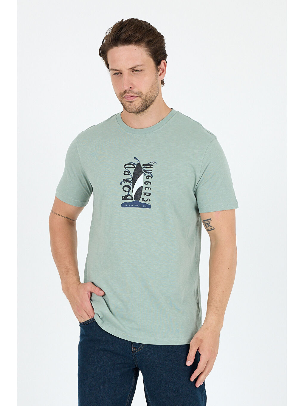 Yeşil Erkek %100 Pamuk Bisiklet Yaka Kısa Kollu Baskılı Tişört Rahat ve Günlük Erkek Tişört 0007-1