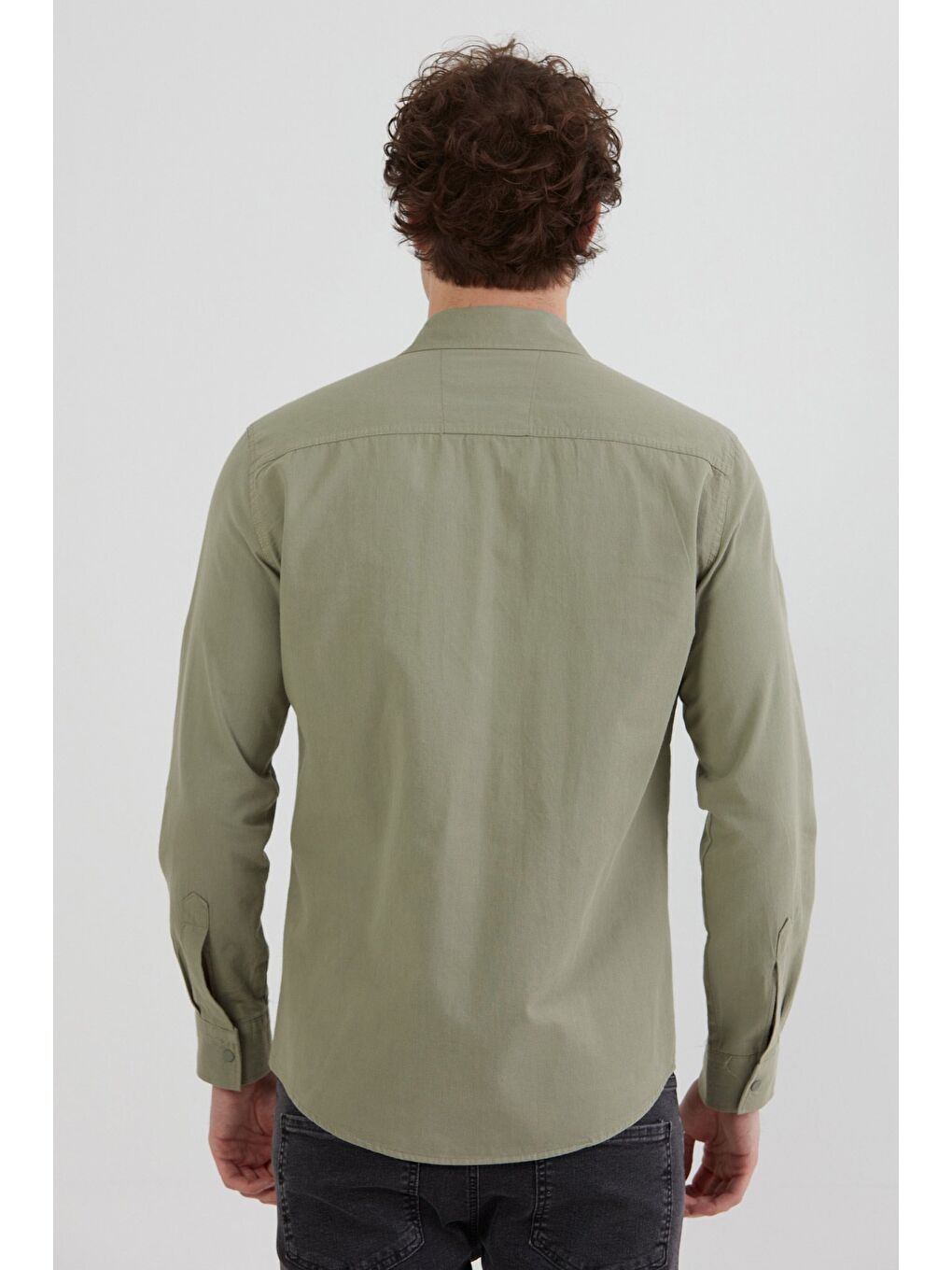 Haki Basic Çıtçıtlı Gabardin %100 Pamuk Gömlek-3