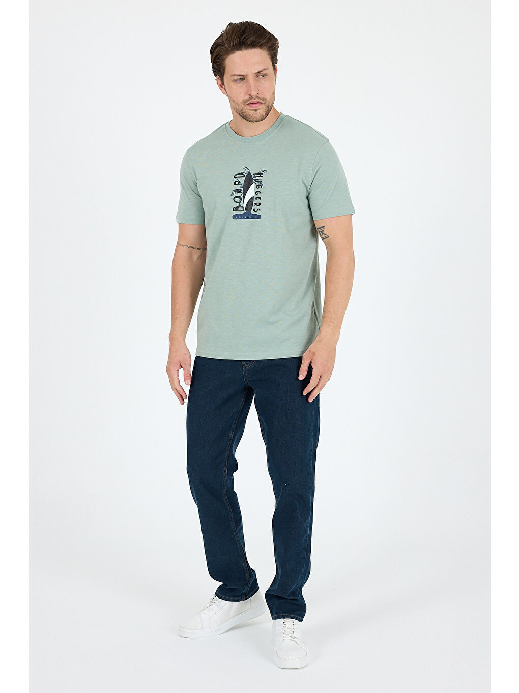 Yeşil Erkek %100 Pamuk Bisiklet Yaka Kısa Kollu Baskılı Tişört Rahat ve Günlük Erkek Tişört 0007-2