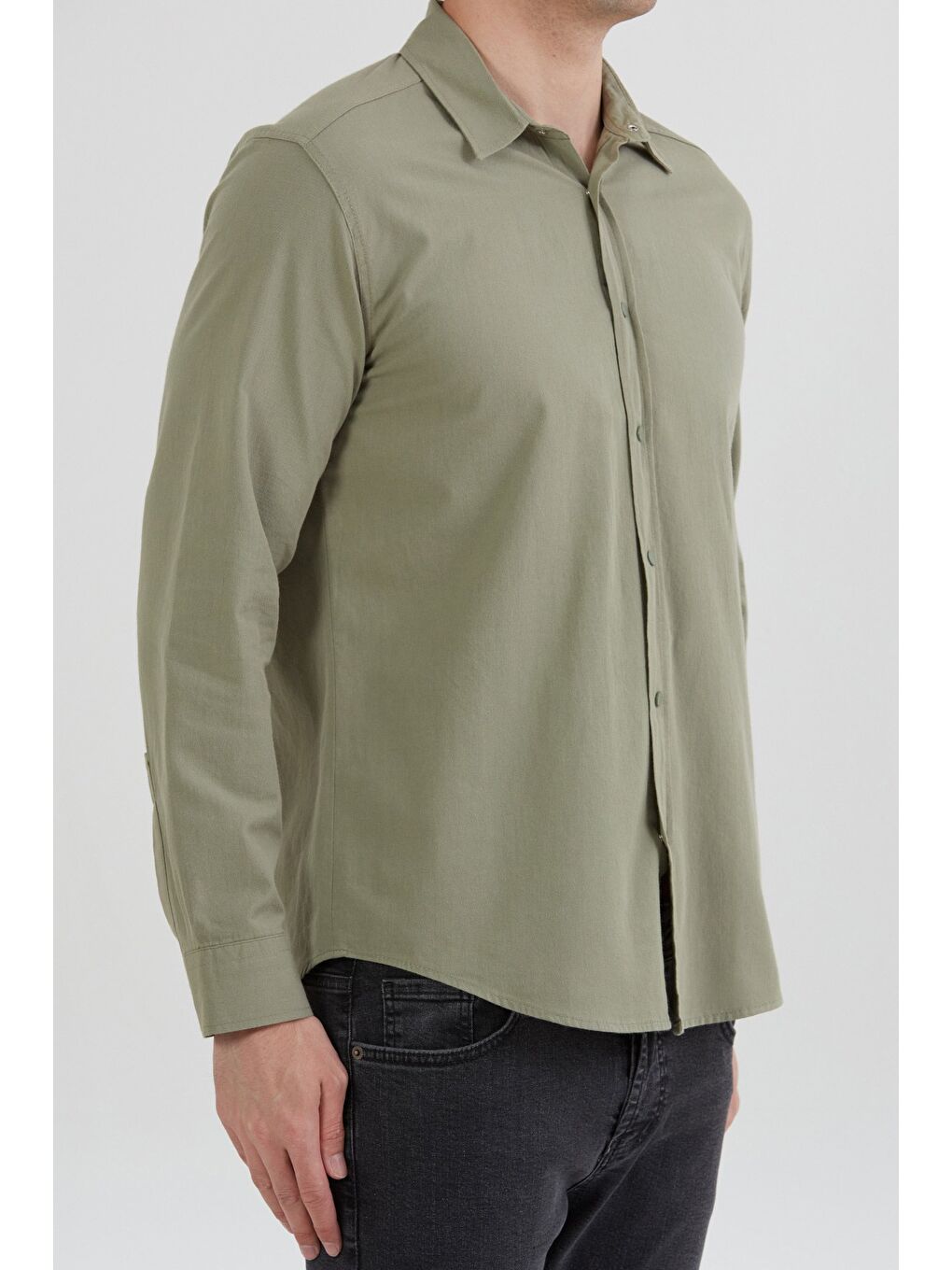 Haki Basic Çıtçıtlı Gabardin %100 Pamuk Gömlek-4