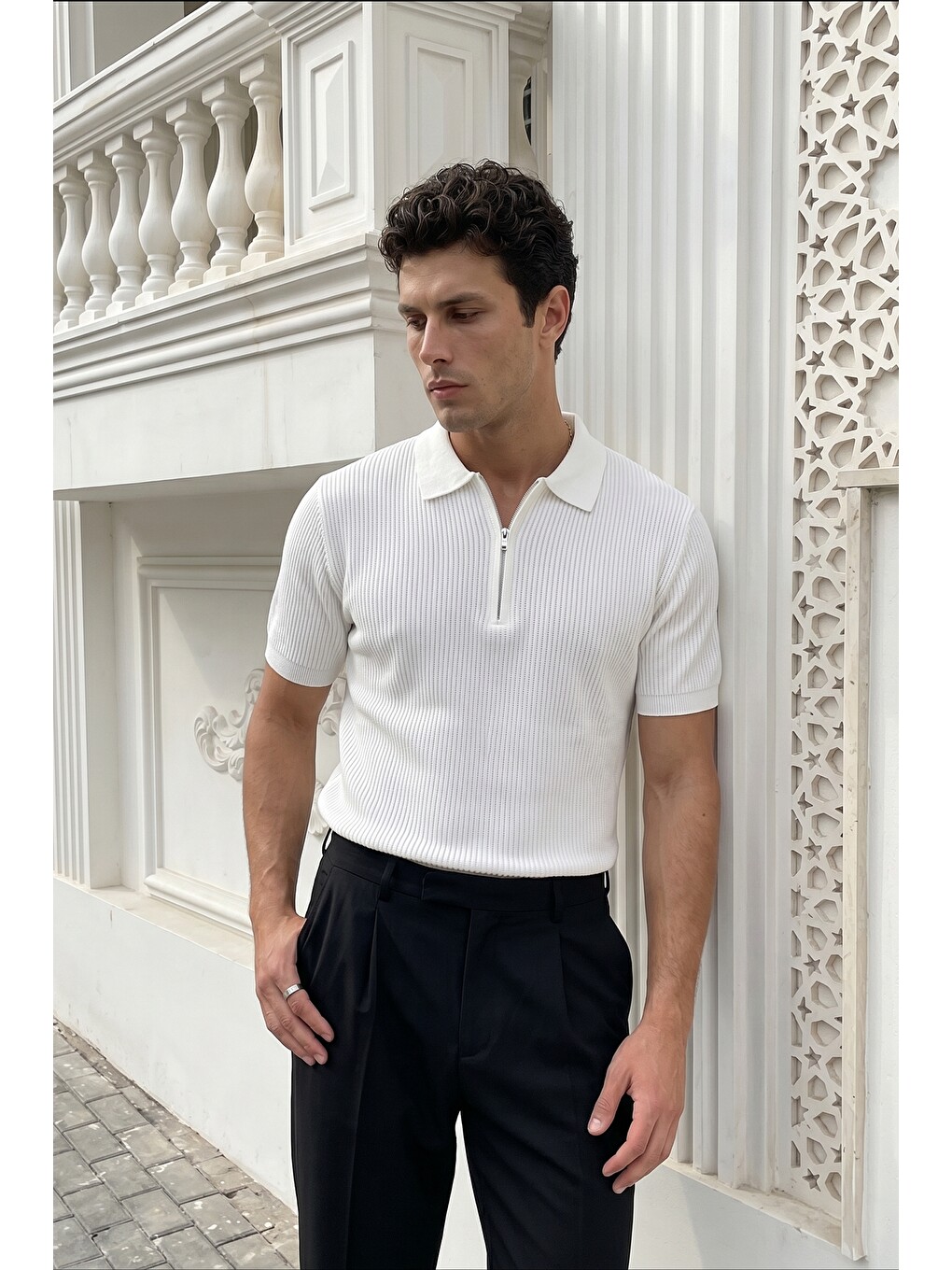 Beyaz Orin Premium Fitilli Triko Polo Yaka Yarım Fermuarlı Erkek Tişört