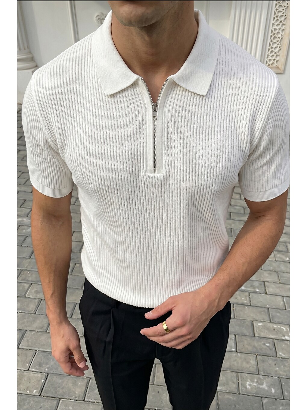 Beyaz Orin Premium Fitilli Triko Polo Yaka Yarım Fermuarlı Erkek Tişört-1