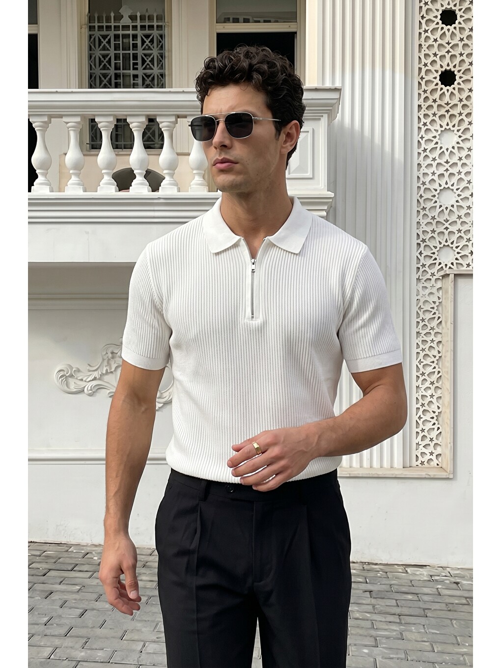 Beyaz Orin Premium Fitilli Triko Polo Yaka Yarım Fermuarlı Erkek Tişört-2