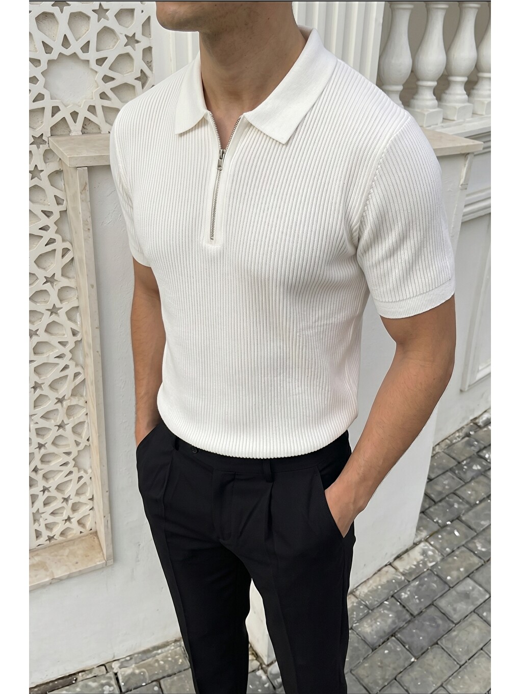 Beyaz Orin Premium Fitilli Triko Polo Yaka Yarım Fermuarlı Erkek Tişört-3