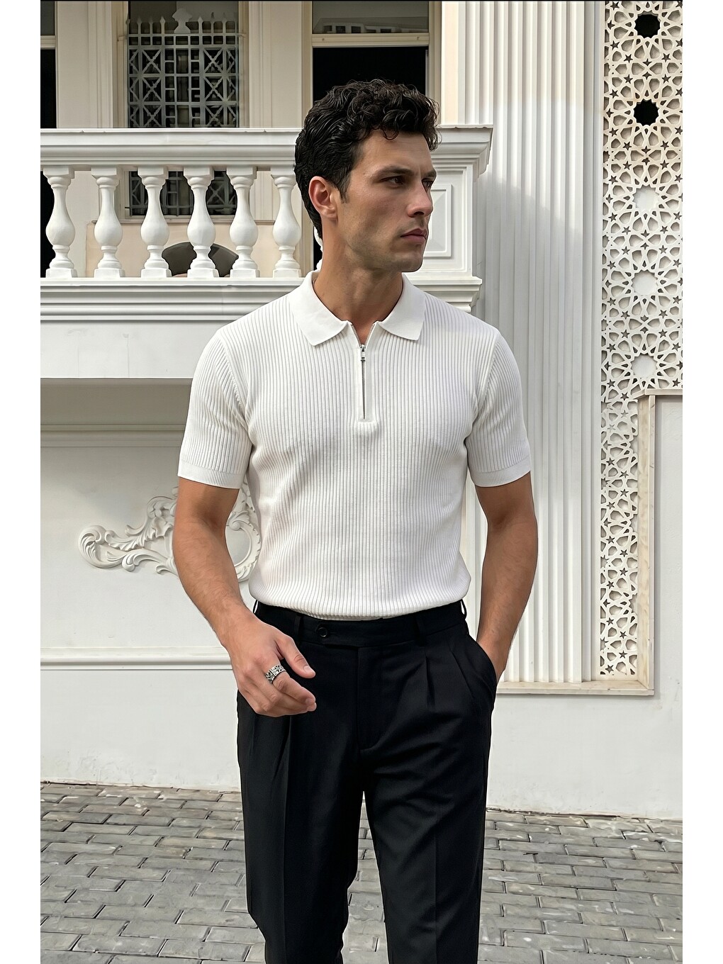 Beyaz Orin Premium Fitilli Triko Polo Yaka Yarım Fermuarlı Erkek Tişört-4