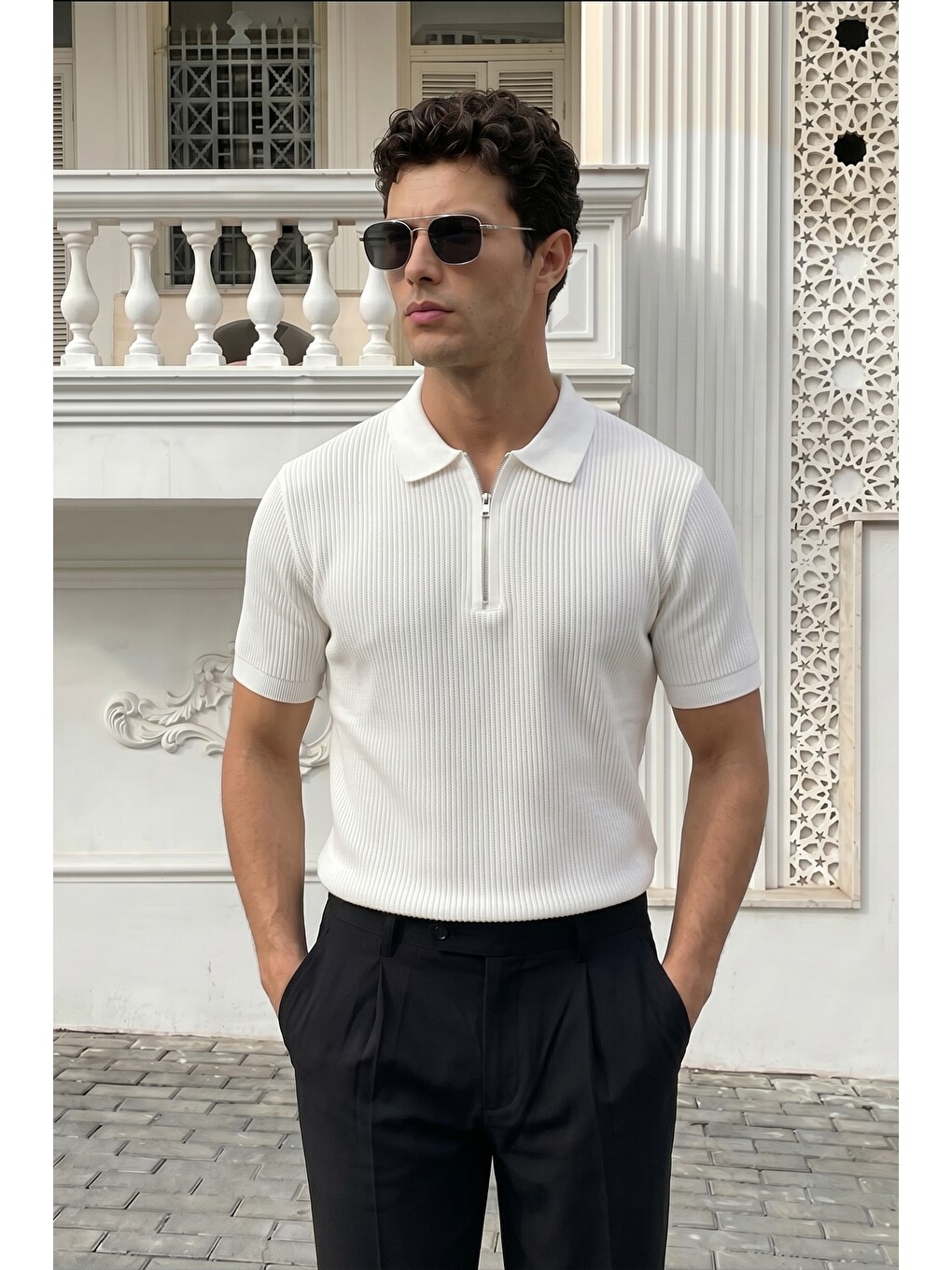 Beyaz Orin Premium Fitilli Triko Polo Yaka Yarım Fermuarlı Erkek Tişört-5