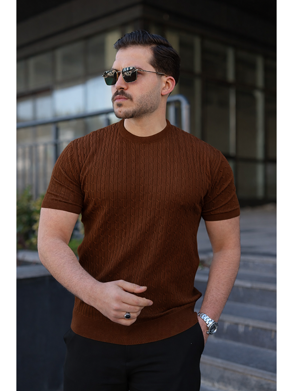 Kahverengi Erkek Premium Çizgili Yazlık Kahve Dar Triko Tişört-1